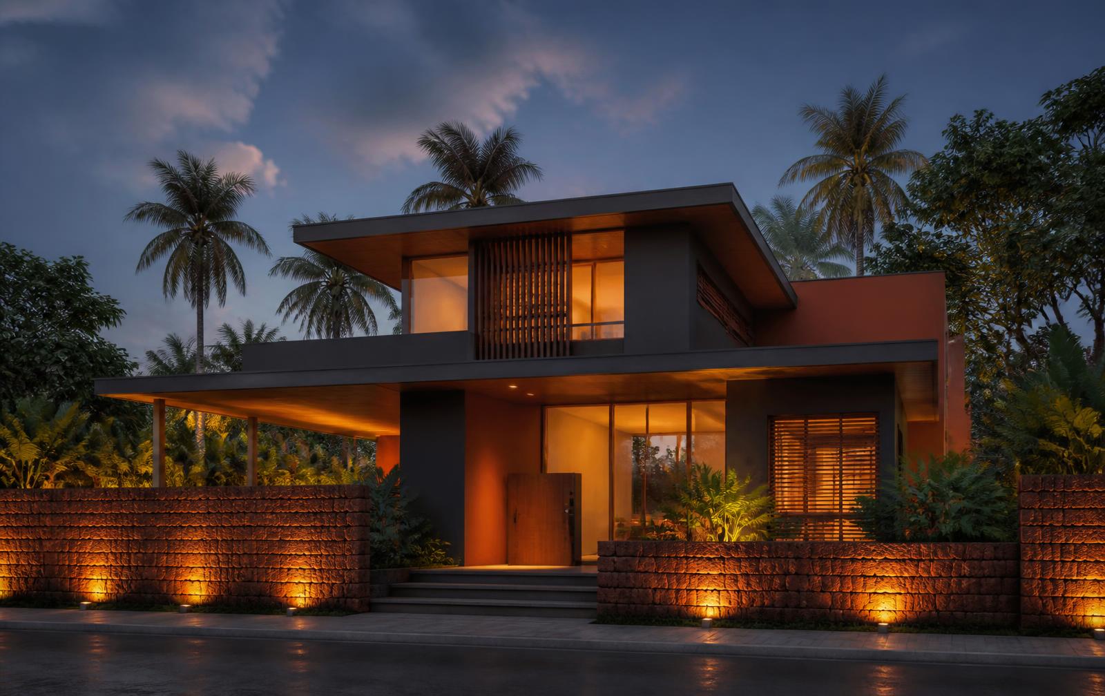 Exterior 3D elevation render of a modern Kerala home